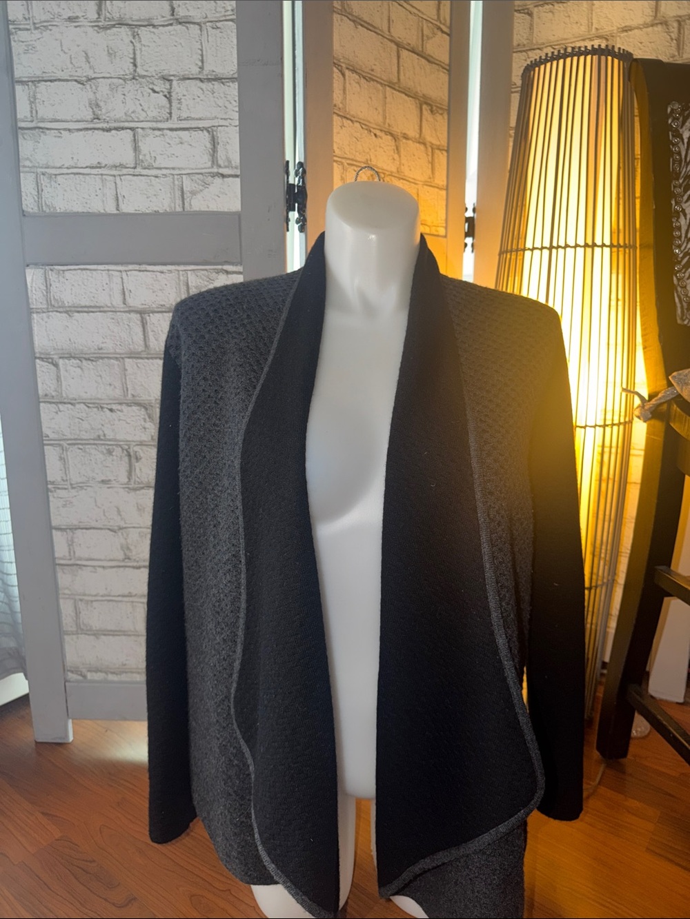 Quinn Two-Tone Black and Charcoal Open Front Knit Blazer